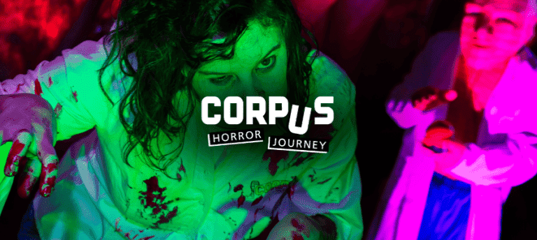 Tekst 'Corpus Horror Journey' met een eng persoon uitgelicht in de kleur groen